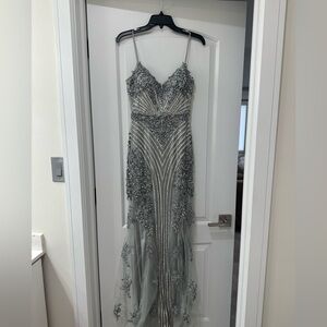 Embellished Silver Evening Gown - Women's Formal Dress
